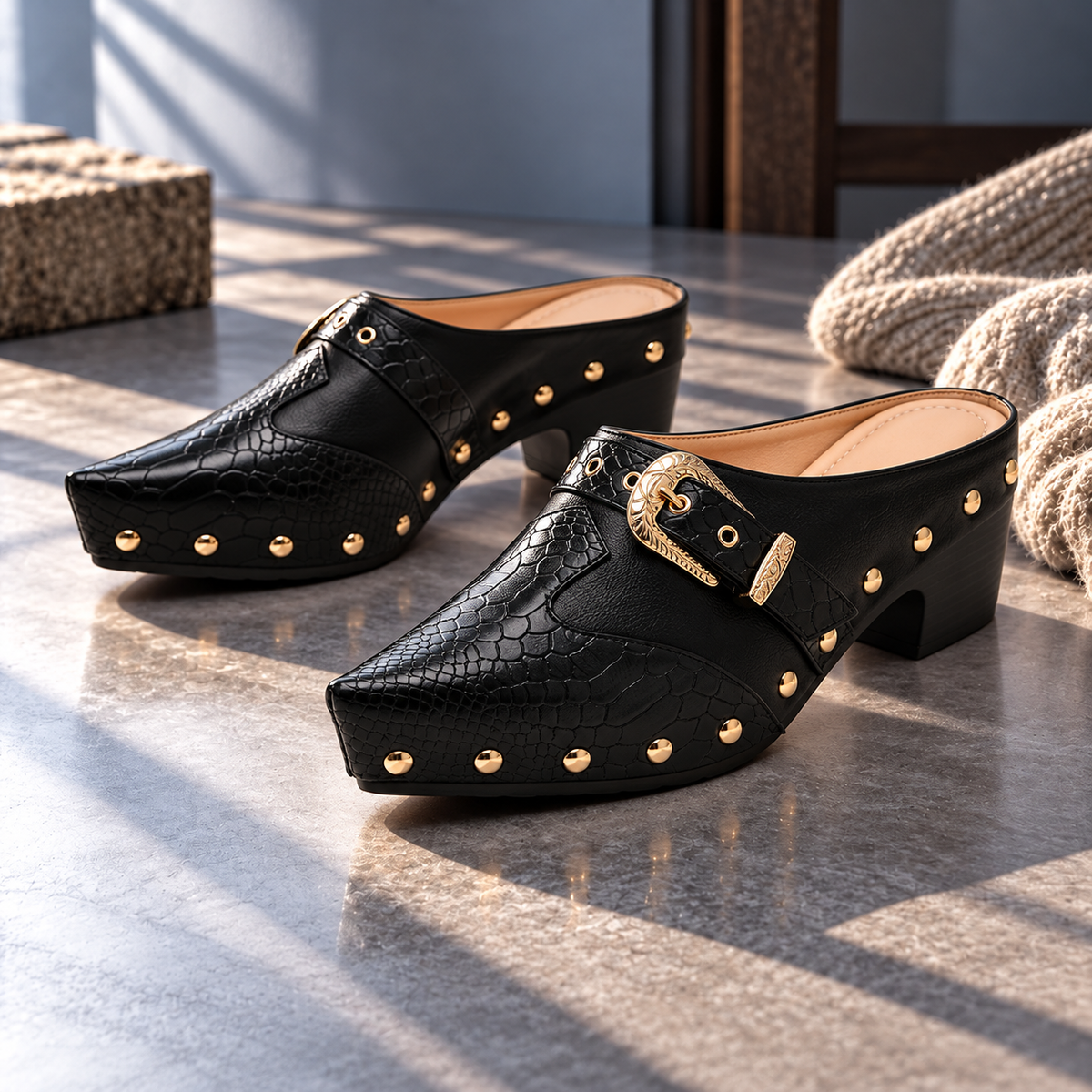 Sadie Studded Snake Mules